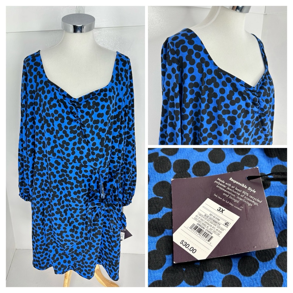 Ava & Viv NWT Polka Dot Faux Wrap Midi‎ Dress Size 3X Blue Black Long Sleeve NEW